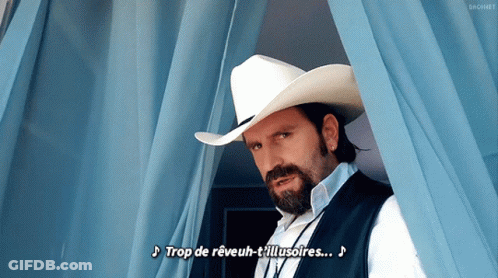 A Man With A Beard Wearing A Cowboy Hat And Vest Says Trop De Reveuh-T'illusoires GIF