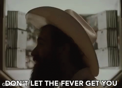 A Man With A Beard Wearing A Cowboy Hat Says " Don 'T Let The Fever Get You " GIF