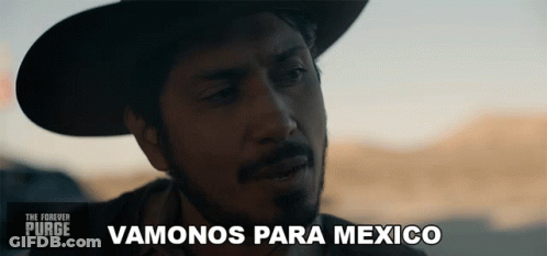 A Man With A Beard Wearing A Cowboy Hat Says " Vamonos Para Mexico " GIF