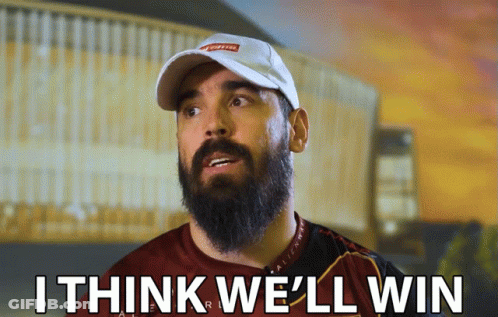 A Man With A Beard Wearing A Hat And A Shirt That Says " I Think We 'Ll Win " GIF