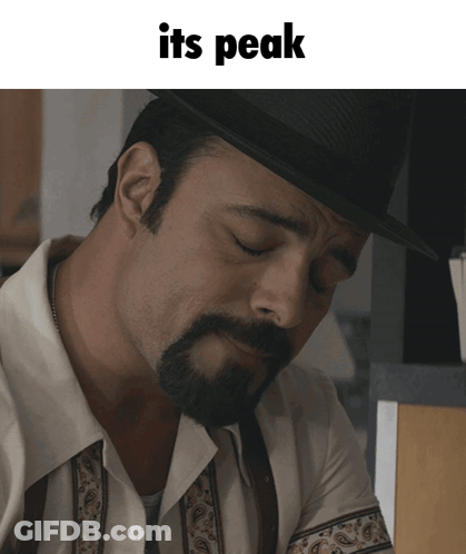 A Man With A Beard Wearing A Hat With The Words " Its Peak " Below Him GIF