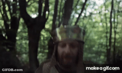 A Man With A Beard Wearing A Helmet Is Standing In A Forest . GIF