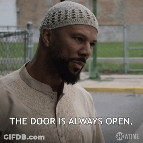Bearded Man In Knitted Hat Says The Door Is Always Open GIF