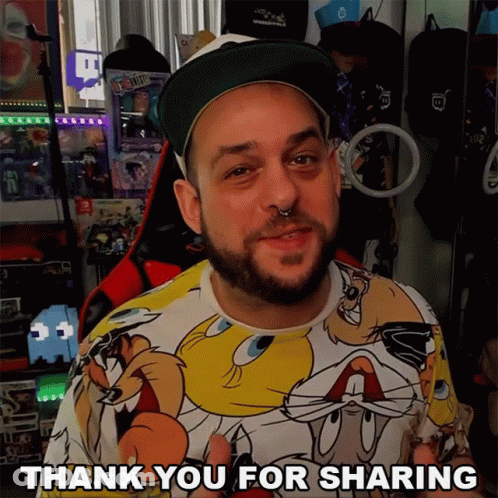 A Man With A Beard Wearing A Looney Tunes Shirt Says Thank You For Sharing GIF