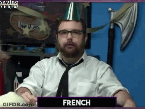 A Man With A Beard Wearing A Party Hat And Tie Is Called French GIF