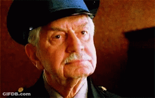 A Man With A Beard Wearing A Police Hat Looks At The Camera GIF