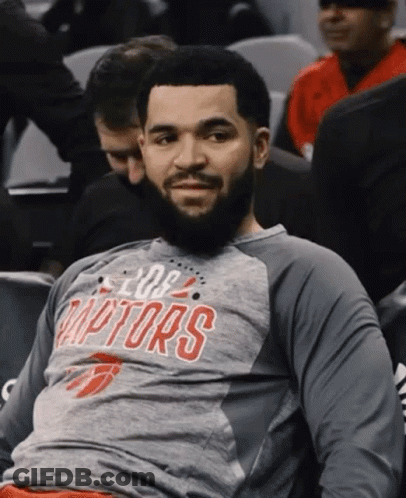 A Man With A Beard Wearing A Raptors Shirt Is Sitting In The Stands . GIF