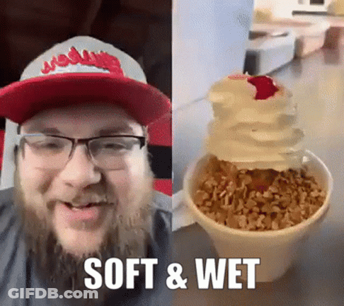 A Man With A Beard Wearing A Red Hat And Glasses Next To A Cup Of Ice Cream That Says Soft & Wet GIF