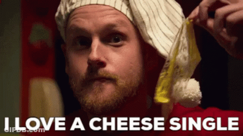 Santa Hat Man Holding Cheese Saying I Love Cheese Single GIF