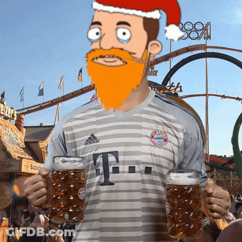 A Man With A Beard Wearing A Santa Hat Is Holding Two Beer Mugs GIF