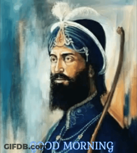 A Man With A Beard Wearing A Turban And Holding A Cane With The Words Good Morning Above Him GIF