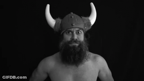 A Man With A Beard Wearing A Viking Helmet GIF