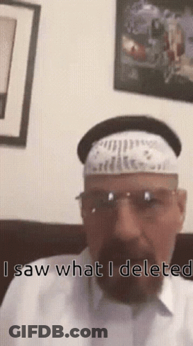 A Man With A Beard Wearing A White Hat And Sunglasses Says " Saw What I Delete " GIF