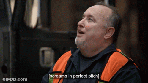 A Man With A Beard Wearing An Orange Vest Screams In Perfect Pitch GIF