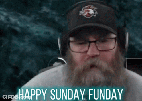 A Man With A Beard Wearing Headphones And A Baseball Cap Says Happy Sunday Funday GIF