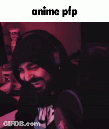 A Man With A Beard Wearing Headphones And A Shirt That Says " Anime Pfp " On It GIF