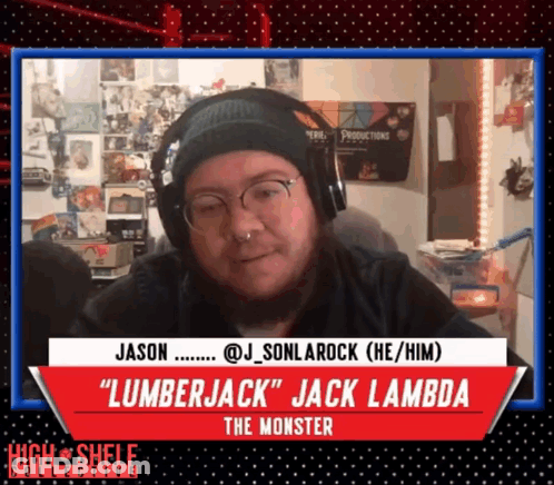 A Man With A Beard Wearing Headphones And A Sign That Says " Lumberjack " GIF