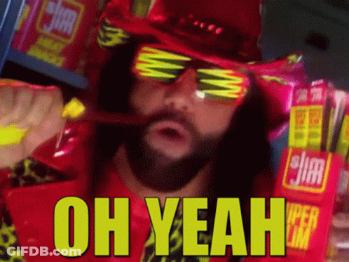 A Man With A Beard Wearing Sunglasses And A Red Hat Says Oh Yeah In Yellow Letters GIF