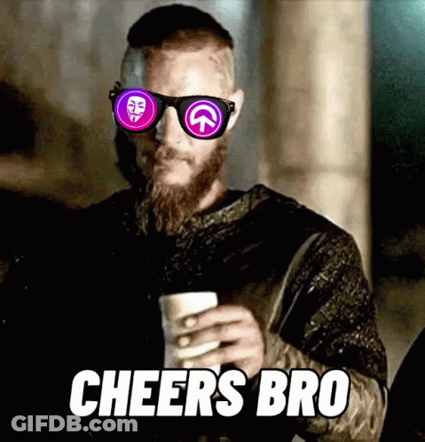 A Man With A Beard Wearing Sunglasses Is Holding A Cup Of Coffee And Says `` Cheers Bro '' . GIF