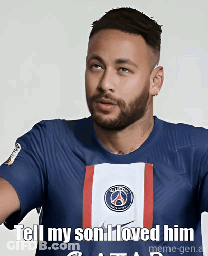 A Man With A Beard Wears A Blue Shirt That Says Tell My Son I Loved Him GIF