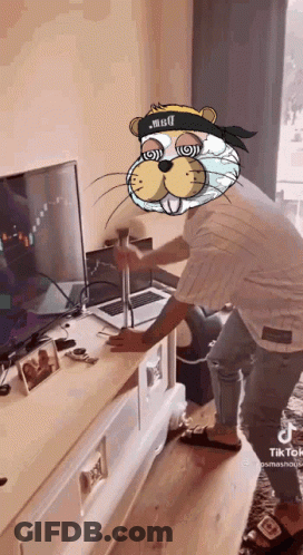 A Man With A Beaver Mask On His Head Is Standing In Front Of A Tv . GIF