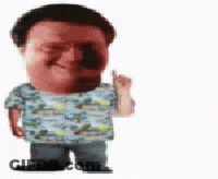 A Man With A Big Head Is Wearing A Blue Shirt And Giving A Middle Finger . GIF