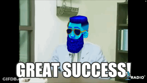 A Man With A Blue Beard And Sunglasses Is Saying Great Success GIF