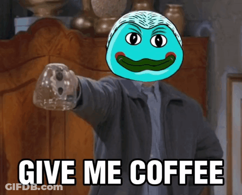 A Man With A Blue Face Pointing At The Camera With The Words Give Me Coffee GIF
