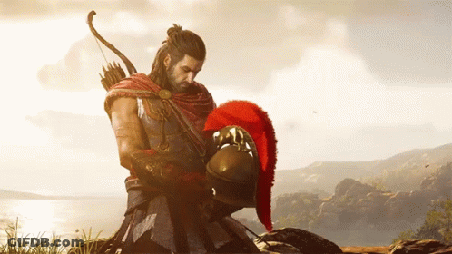 A Man With A Bow And Arrow Is Holding A Helmet In Front Of A Body Of Water GIF