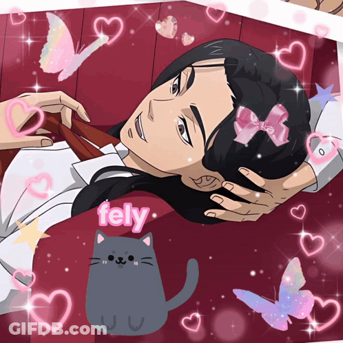 A Man With A Bow In His Hair Is Surrounded By Pink Hearts And A Cat With The Word Fely On It GIF