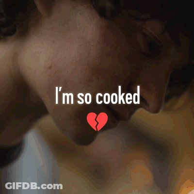 A Man With A Broken Heart And The Words " I 'M So Cooked " Above Him GIF