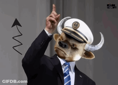 A Man With A Bull Head Wearing A Captain 'S Hat Points Up GIF