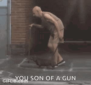 A Man With A Cane Is Standing Next To A Dog And Says You Son Of A Gun GIF