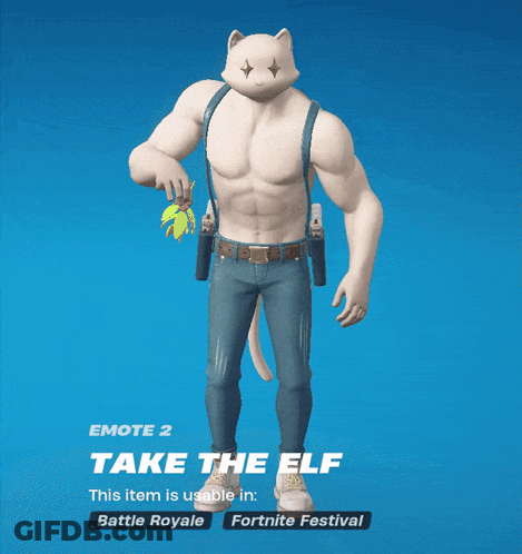 A Man With A Cat 'S Head Is Wearing Suspenders And Jeans GIF
