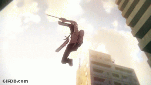 A Man With A Chainsaw On His Back Is Jumping In The Air GIF