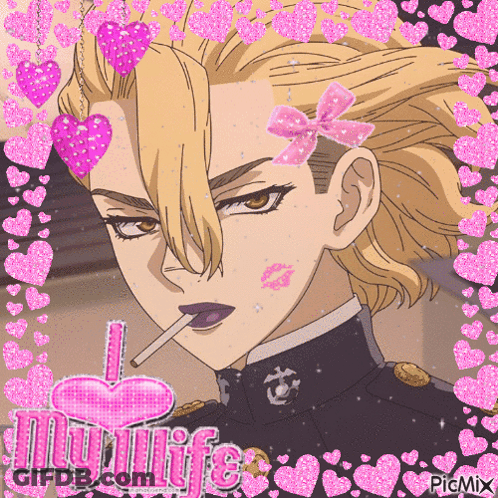 A Man With A Cigarette In His Mouth Has A Pink Bow On His Head And A Kiss On His Cheek GIF