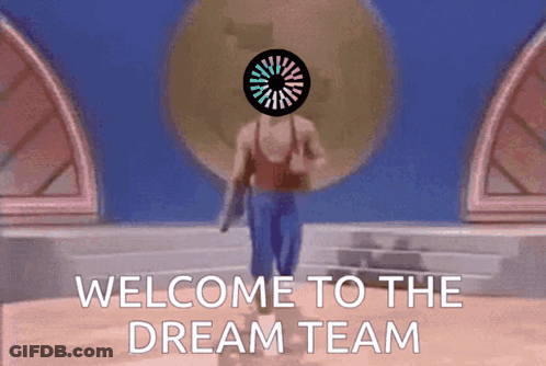A Man With A Circle On His Head Is Walking With The Words Welcome To The Dream Team Behind Him GIF