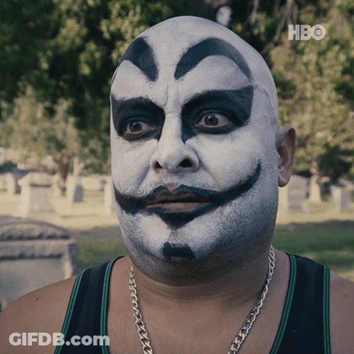 A Man With A Clown Face Painted On His Face And A Hbo Logo In The Corner GIF