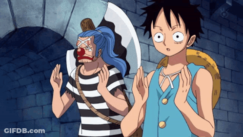 A Man With A Clown Mask On His Face Stands Next To A Man With A Monkey D Luffy On His Back GIF