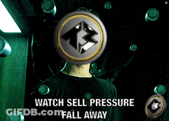 A Man With A Coin In Front Of His Face With The Words Watch Sell Pressure Fall Away Below Him GIF