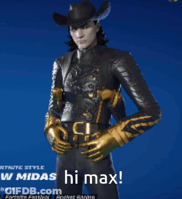 A Man With A Cowboy Hat And Gold Gloves Is Standing In Front Of A Blue Background That Says Fortnite Style GIF