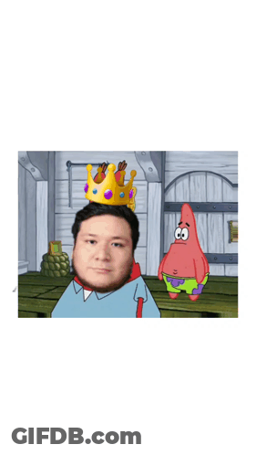 A Man With A Crown On His Head Is Pointing At Patrick GIF