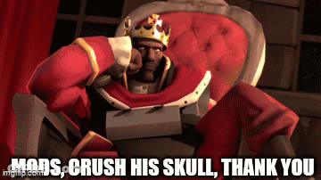 A Man With A Crown On His Head Is Sitting In A Chair With The Words Mods Crush His Skull Thank You Below Him GIF