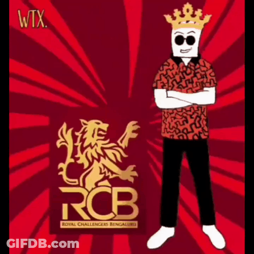 A Man With A Crown On His Head Is Standing In Front Of A Logo For Rcb GIF