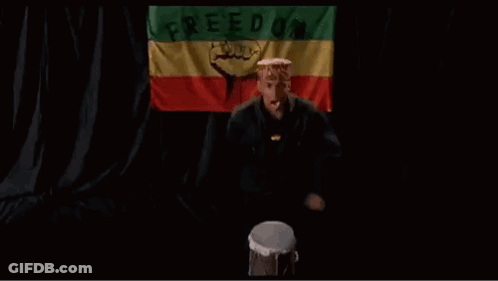 A Man With A Crown On His Head Is Standing In Front Of A Rastafari Flag GIF