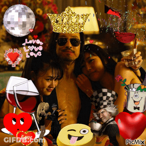 A Man With A Crown On His Head Is Surrounded By Hearts And A Disco Ball With The Words Love Love Love Written On It GIF