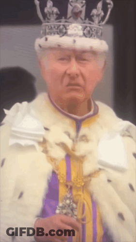 A Man With A Crown On His Head Is Wearing A Purple And Yellow Robe GIF