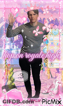 A Man With A Crown On His Head Stands In Front Of A Pink Background That Says Shop On Royale High GIF