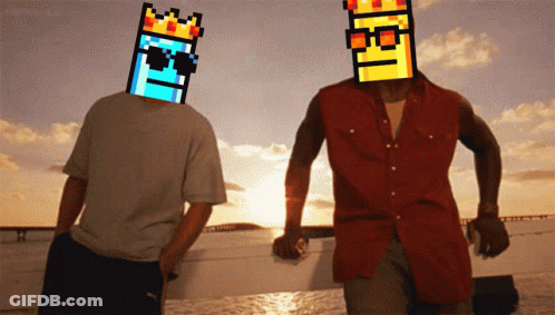 A Man With A Crown On His Head Stands Next To Another Man With A Flame On His Head GIF