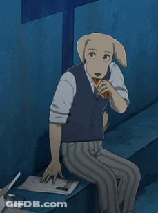 A Man With A Dog 'S Head Is Sitting On A Staircase GIF